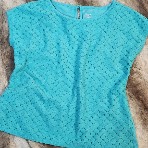 Sz XL St. John's Bay Cap Sleeve Aqua Blue "Mermaid Scale" Knit Overlay T-Shirt - Picture 6 of 9